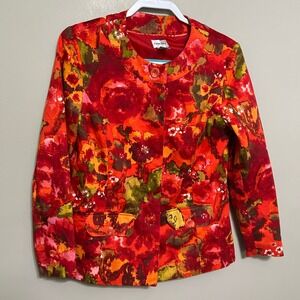 Chico's Women's Blazer‎ Jacket Size 1 M Red Orange Green Button Front Artistic